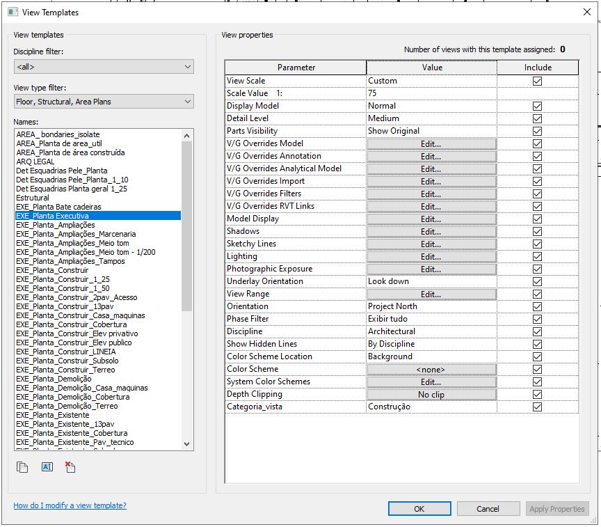 REVIT - Painel de configurações de Modelos de Vistas