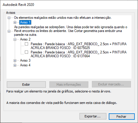 Seleção na janela Rever Avisos Revit