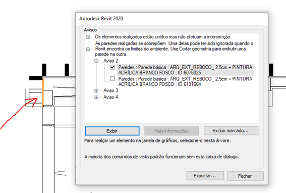 Seleção e visualização na janela Rever Avisos Revit