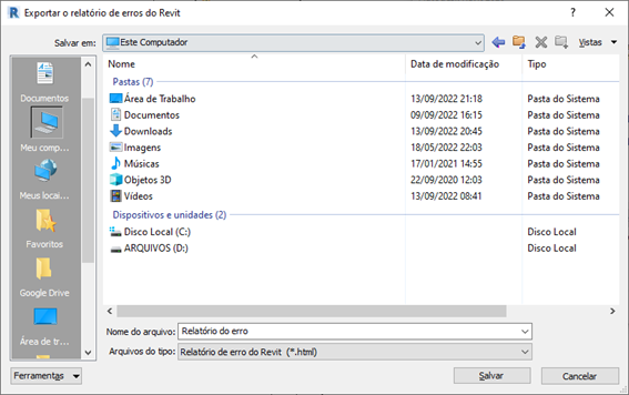 Salvando relatório de erros Revit